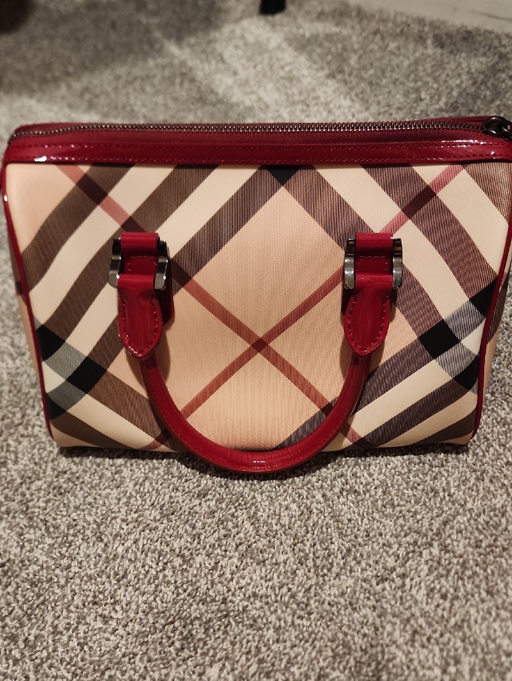 BURBERRY Classic Plaid Satchel Handbag in Beige and Red
